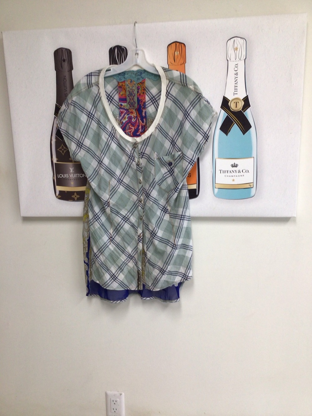 Aratta Silent Jord eLight Green Plaid Short Sleeve Women’s Top with Printed Back